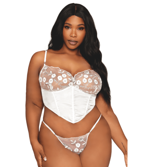 Bustier blanc avec armatures grande taille, en satin et dentelle florale - DG13262XWHT